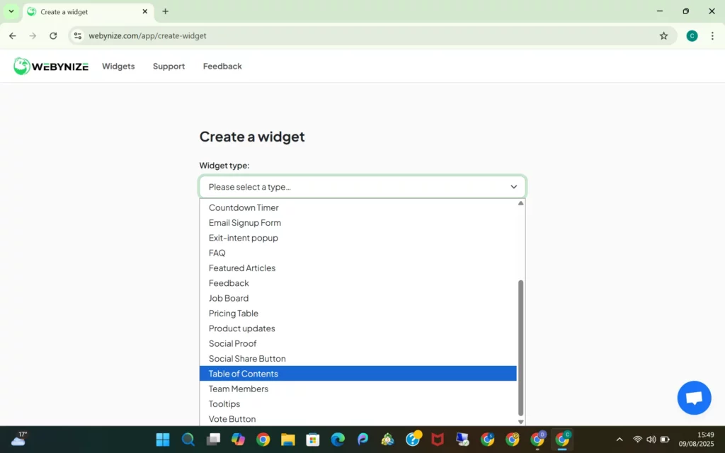 Screenshot of a "Create a Widget" page on Webynize, featuring a dropdown menu for selecting widget types.
