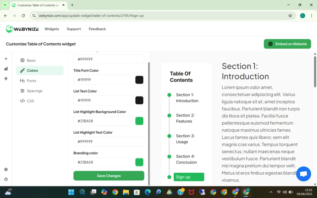 Screenshot of a web interface for customizing a Table of Contents widget, displaying color and font options alongside example sections.