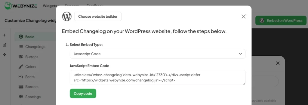 A web interface displaying instructions to embed a changelog widget on a WordPress site using JavaScript code.