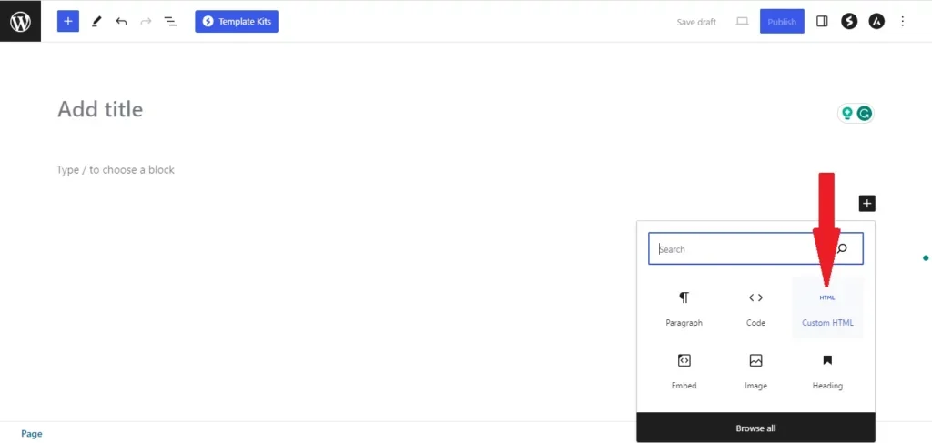Screenshot of a WordPress editor showing an interface with a dropdown menu and a red arrow pointing to an option labeled "Insert Media".