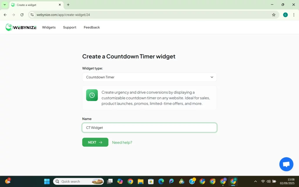 Webynize interface for creating a customizable Countdown Timer widget, emphasizing urgency for sales and promotions.
