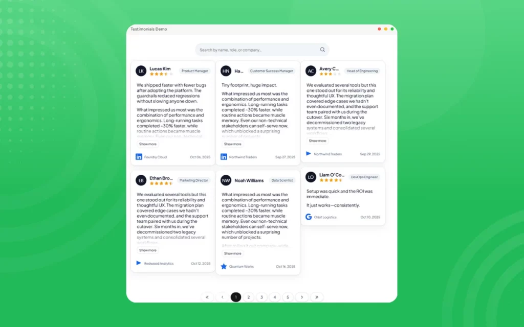 Testimonials from various professionals in a demo interface, highlighting positive user experiences with a software platform.