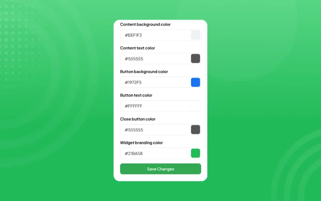 Screenshot of widget customization settings with color options and save button.
