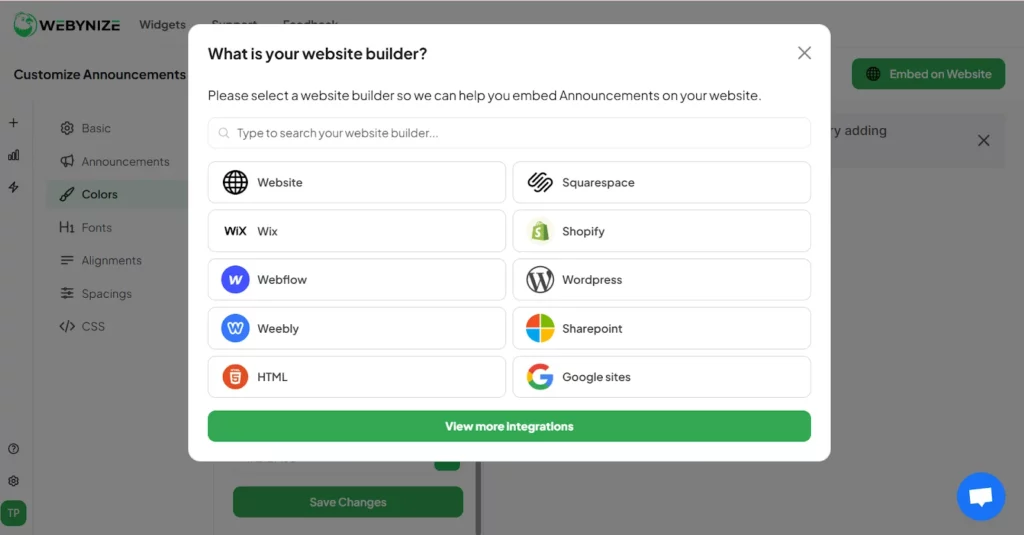 Screenshot of a web interface where users select a website builder for embedding announcements. Options include Wix, Shopify, WordPress, and others.