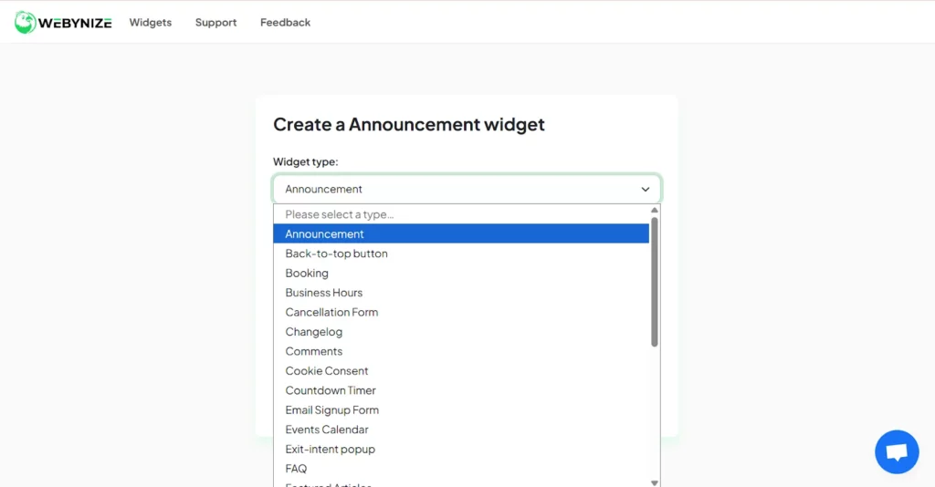 Create a Announcement widget" on Webynize, showing options to select widget type and input a name. A "Next" button is at the bottom.