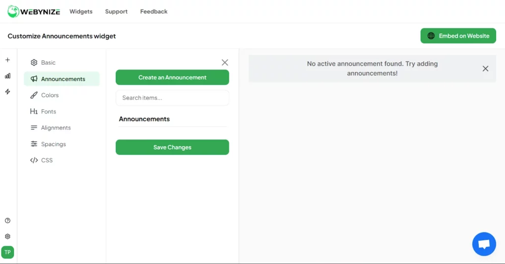Create a Announcement widget" on Webynize, showing options to select create an announcement and to save changes.