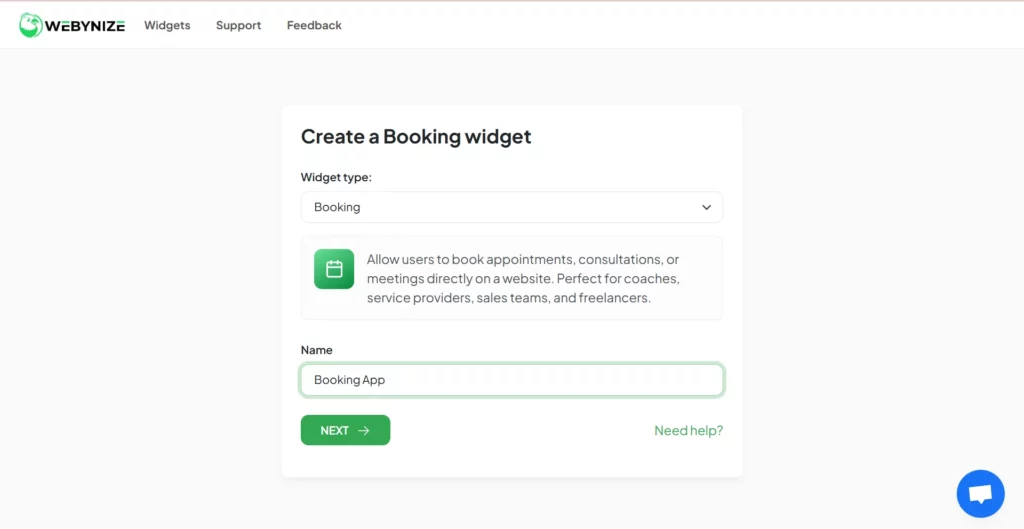 A web interface displaying a form to create a booking widget, including options for widget type and naming.