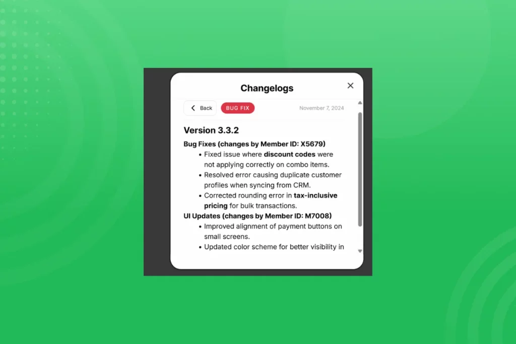 Changelog for Version 3.3.2 on a green background. Highlights include bug fixes for discount codes and CRM sync errors, and UI updates for alignment and color.