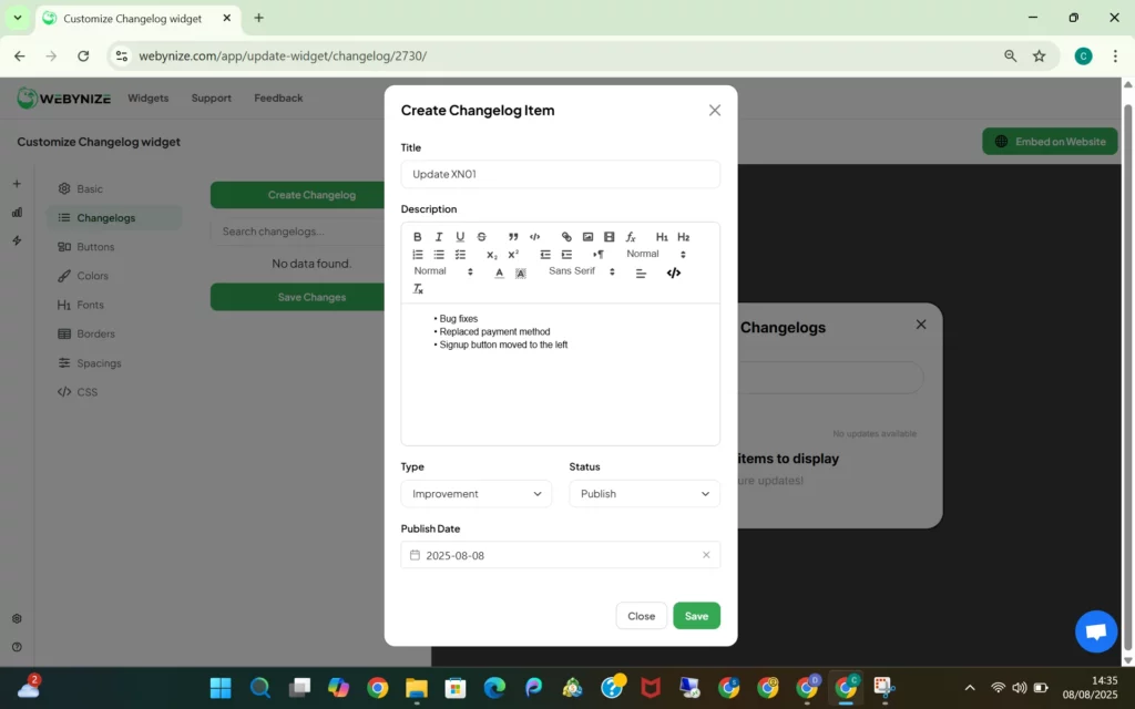 A user interface for creating a changelog item, featuring text formatting options, improvement type, status, and a publish date field.