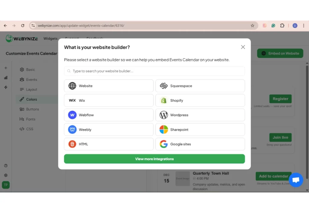 Popup window titled "What is your website builder?" on a webpage. Options include Wix, Squarespace, Shopify, and others. Background shows sidebar menu.