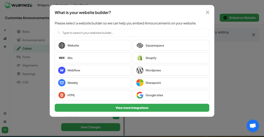 The screenshot shows a webpage from "Webynize" with a pop-up asking, "What is your website builder?" Options include Wix, Squarespace, Shopify, and more.