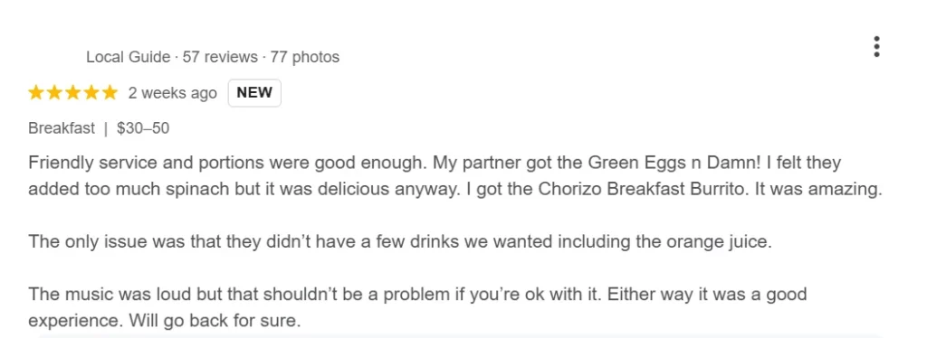 Review highlights a recent breakfast experience with friendly service, tasty dishes, and some issues with drink availability and loud music.