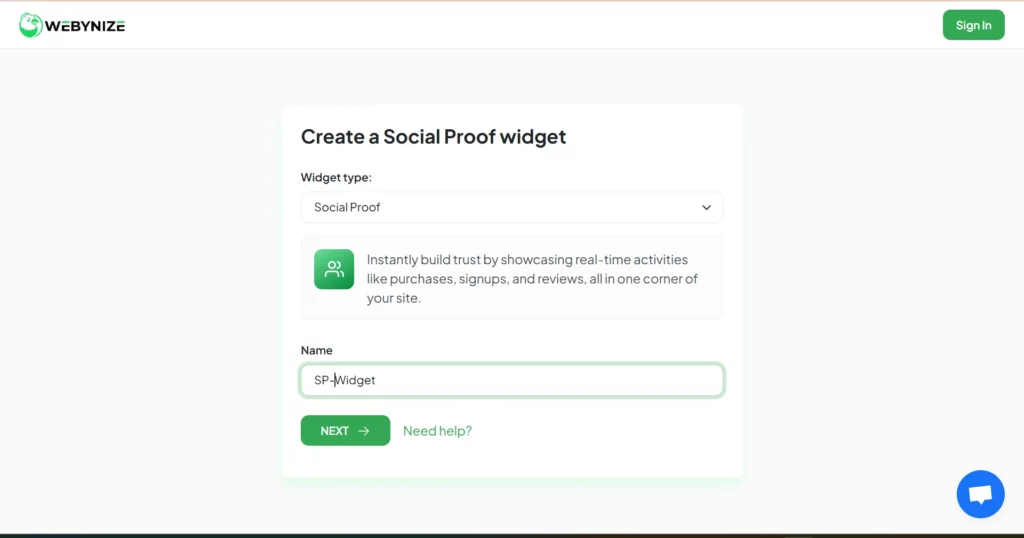 Screenshot of a web page titled "Create a Social Proof widget," showing options for selecting widget type and naming it.