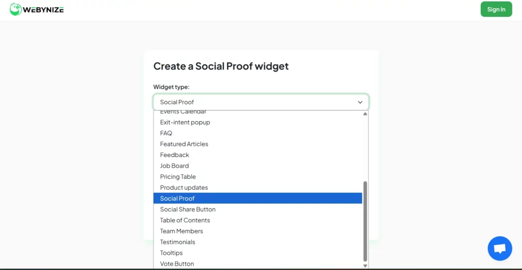 A webpage interface displaying options to create a Social Proof widget, with various widget types available in a dropdown menu.