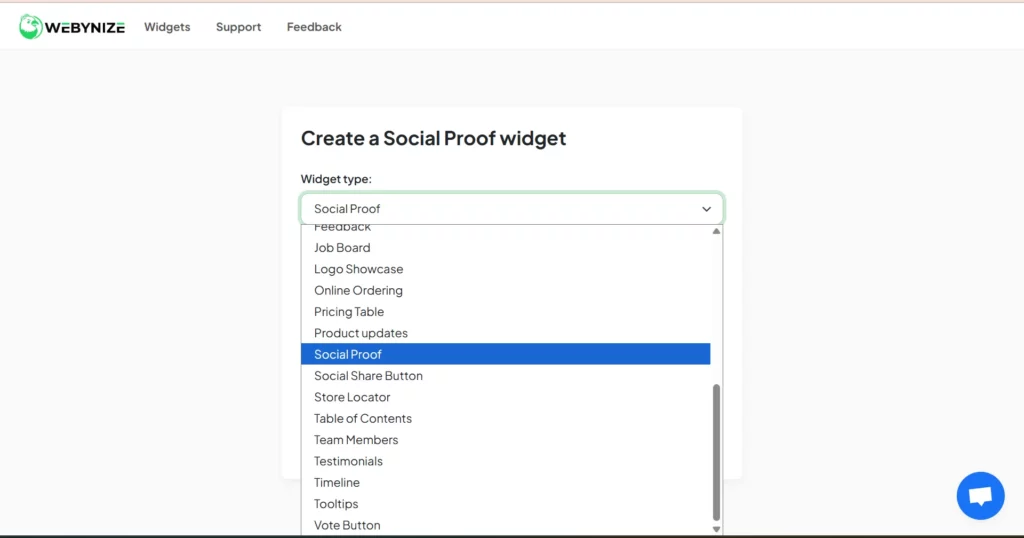 Dropdown menu in a web app for creating a Social Proof widget, featuring various widget type options listed.