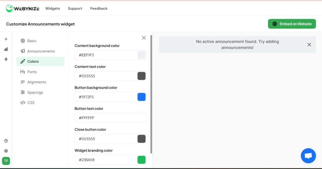 Screenshot of a web application interface for customizing an announcement widget. The settings panel shows color options for content, buttons, and branding. The right side notes no active announcements. Simple, user-focused design.