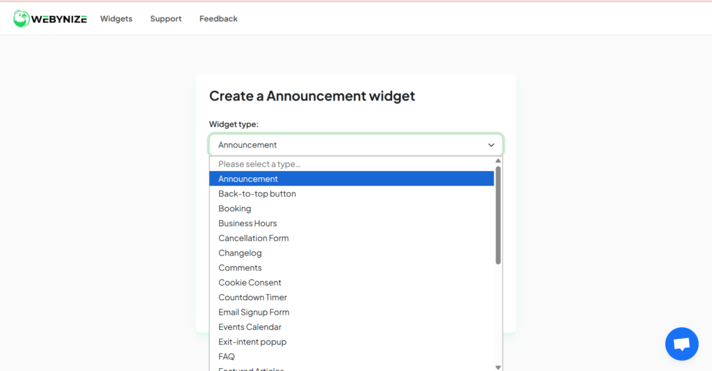 Screenshot of a webpage from Webynize showing a dropdown menu to create a widget. Options include Announcement, Back-to-top, and Business Hours.