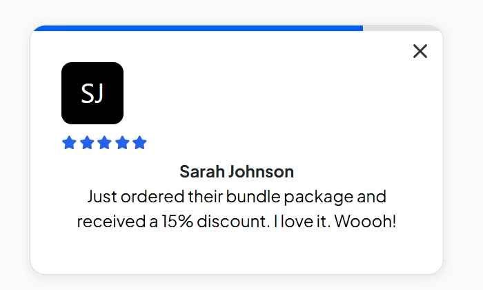 A user review with "SJ" icon, five blue stars, and the name "Sarah Johnson." The review expresses excitement over a 15% discount on a bundle package.