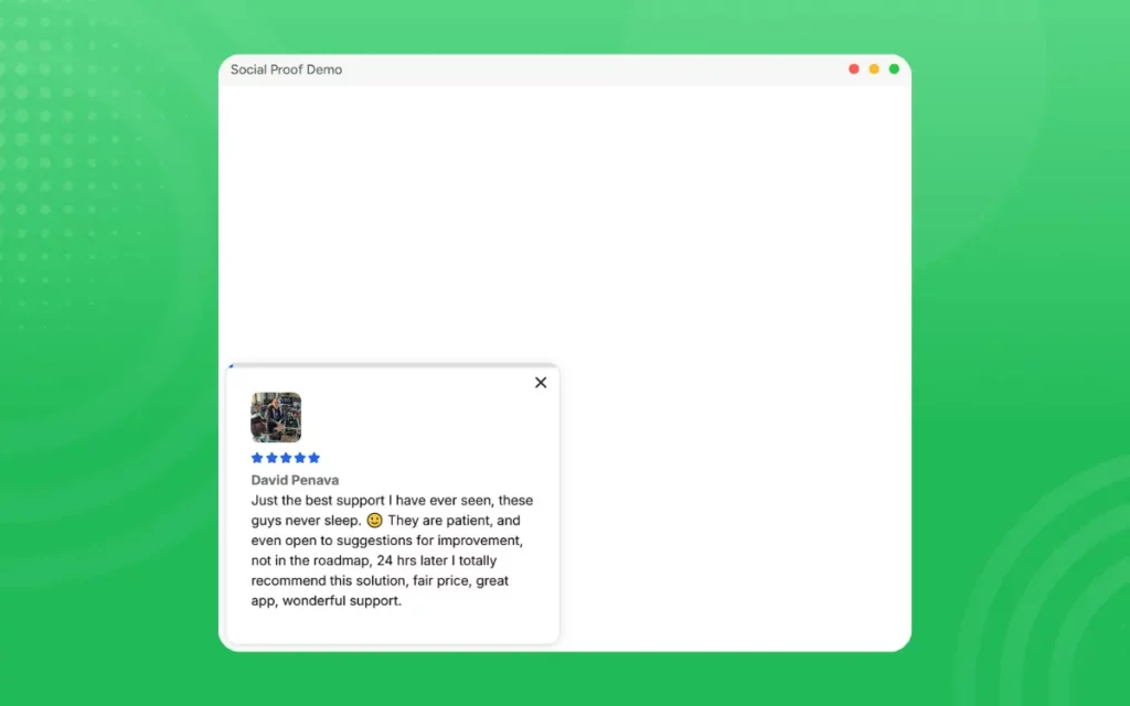 A testimonial window against a green background displays a five-star review by David Penava. It highlights excellent support and fair pricing.