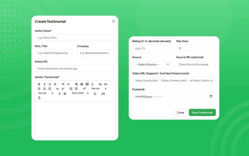 A user interface for creating a testimonial on a vibrant green background. The form includes fields for author name, role, company, testimonial text, rating, video URL, and posting date, with buttons for closing or saving the testimonial.