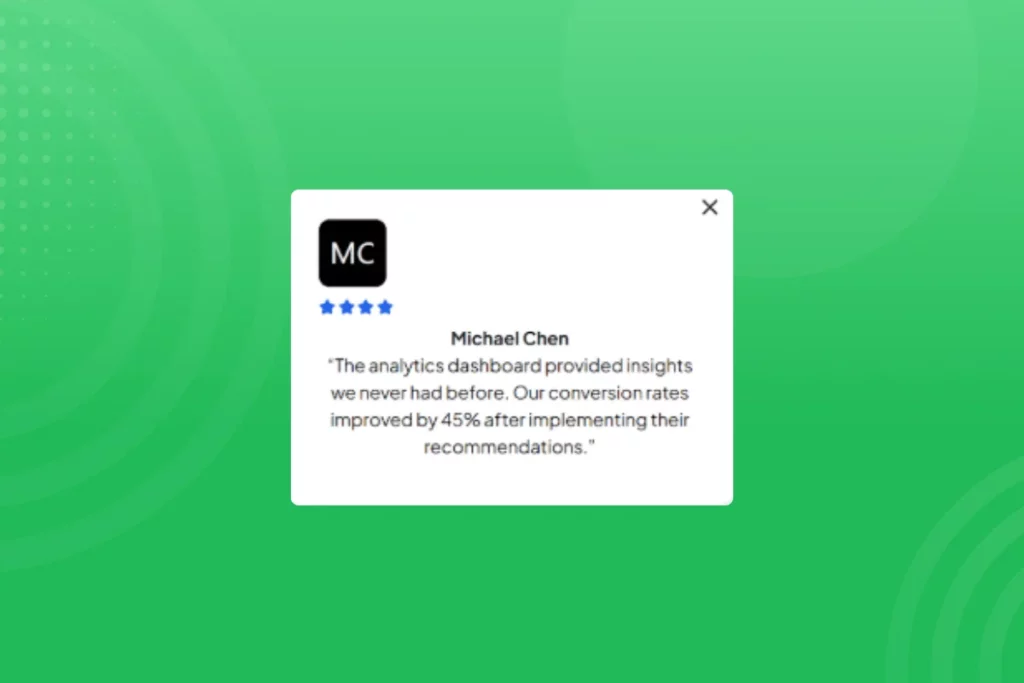 A testimonial on a green background shows a 5-star review. It highlights improved analytics insights and a 45% conversion rate increase after recommendations.