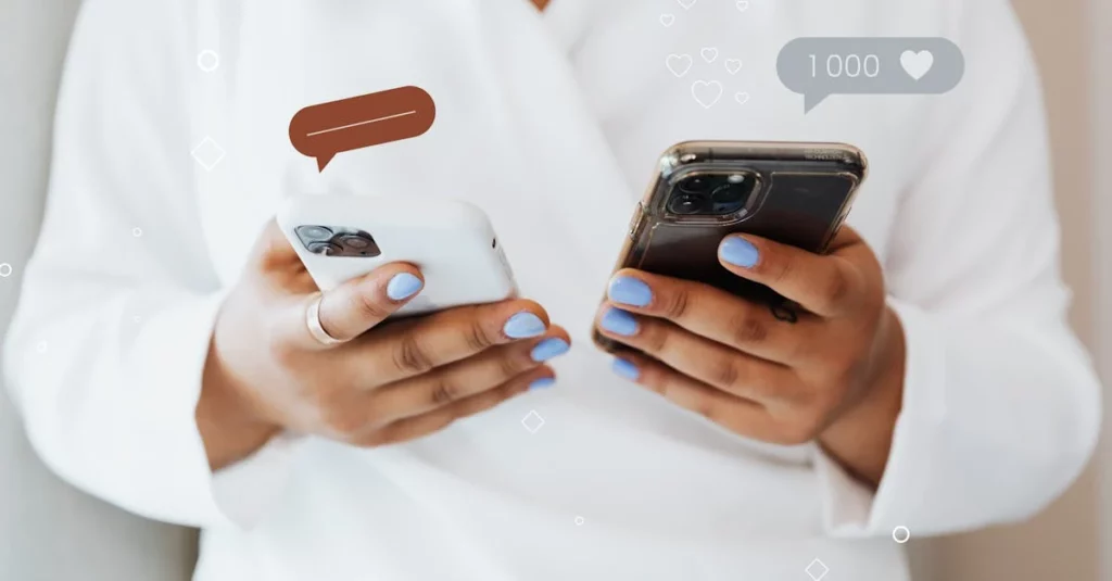 Person holding smartphones with speech bubble and likes counter, demonstrating comments widget website interaction.