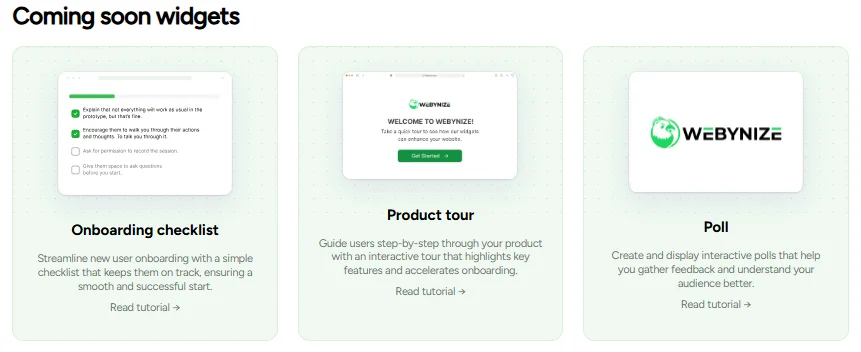 Coming soon widgets section showcasing three features: Onboarding checklist, Product tour, and Poll. Each widget includes a brief description and a prompt to read a tutorial, offering tools for enhancing user engagement and feedback.