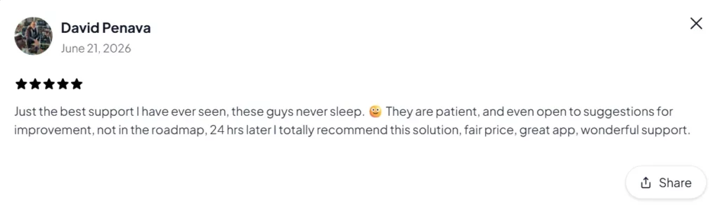 A five-star review by David Penava dated June 21, 2026, praising exceptional support and app quality.