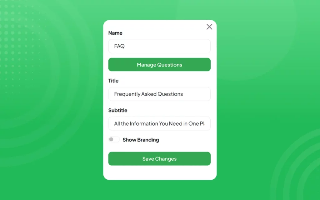 Settings panel for FAQ titled "Frequently Asked Questions" with options to manage questions, toggle branding, and save changes.