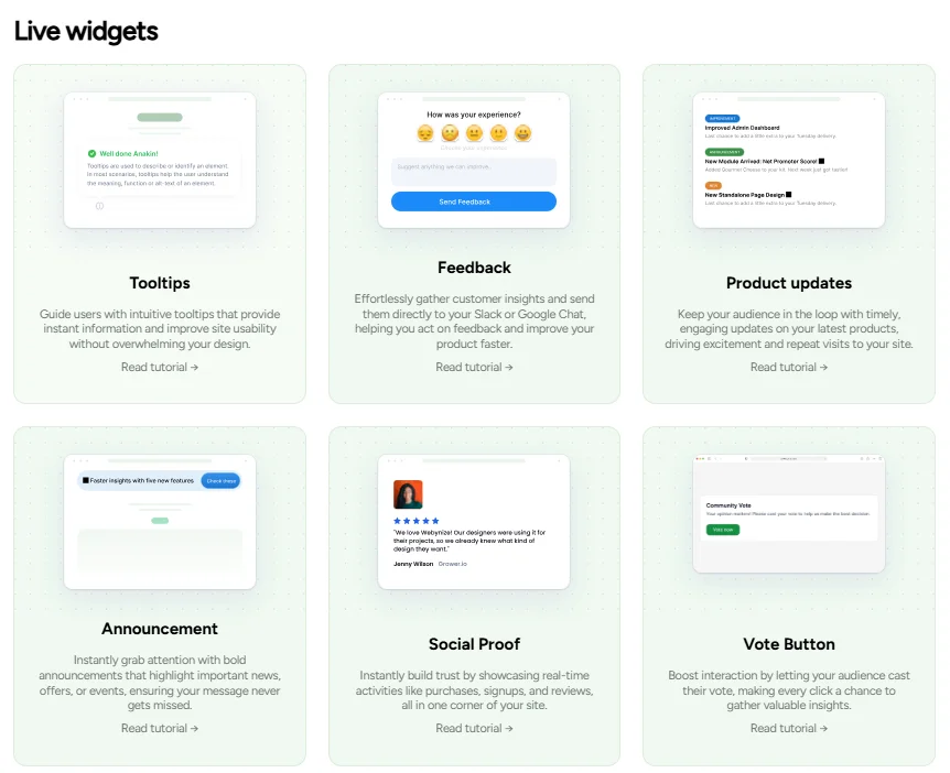Grid layout with six cards for live widgets description. Cards titled Tooltips, Feedback, Product Updates, Announcement, Social Proof, and Vote Button, each with brief explanations and a "Read tutorial" link.