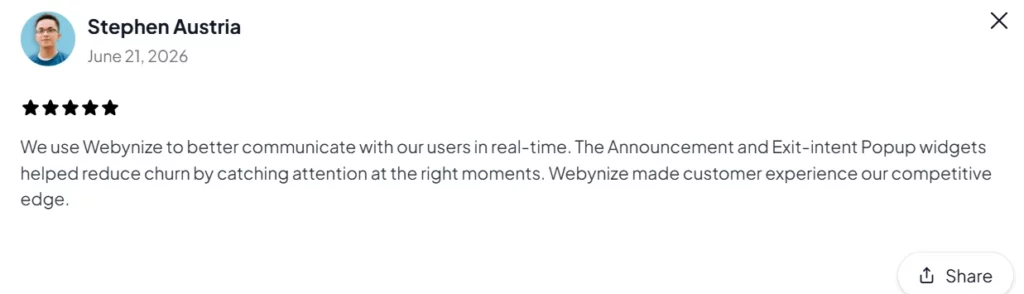 A five-star review by "Stephen Austria" dated June 21, 2026. The testimonial praises Webynize for enhancing real-time communication and reducing churn with pop-up widgets.
