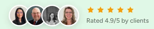 Four user profile images next to a five-star rating labeled "Rated 4.9/5 by clients" on a light green background, conveying high satisfaction.