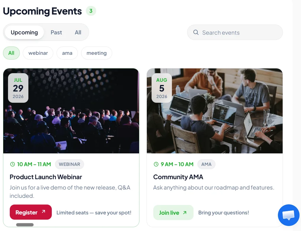 Upcoming events widget with webinar cards, CTA buttons, filters, and event search bar.